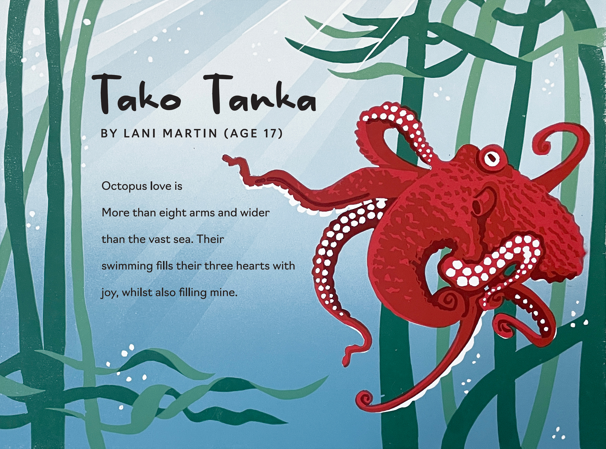 Poetry broadside of an octopus in the ocean titled Tako Tanka