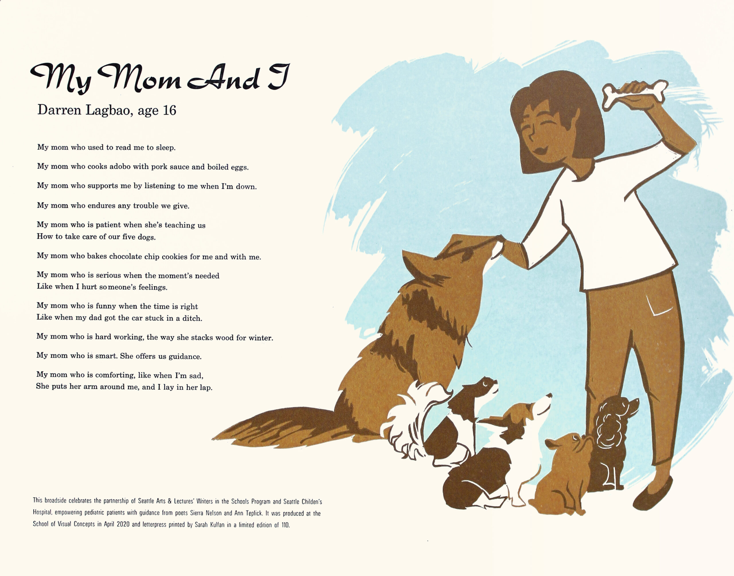 Poetry broadside titled My Mom and I picture of mom with five dogs