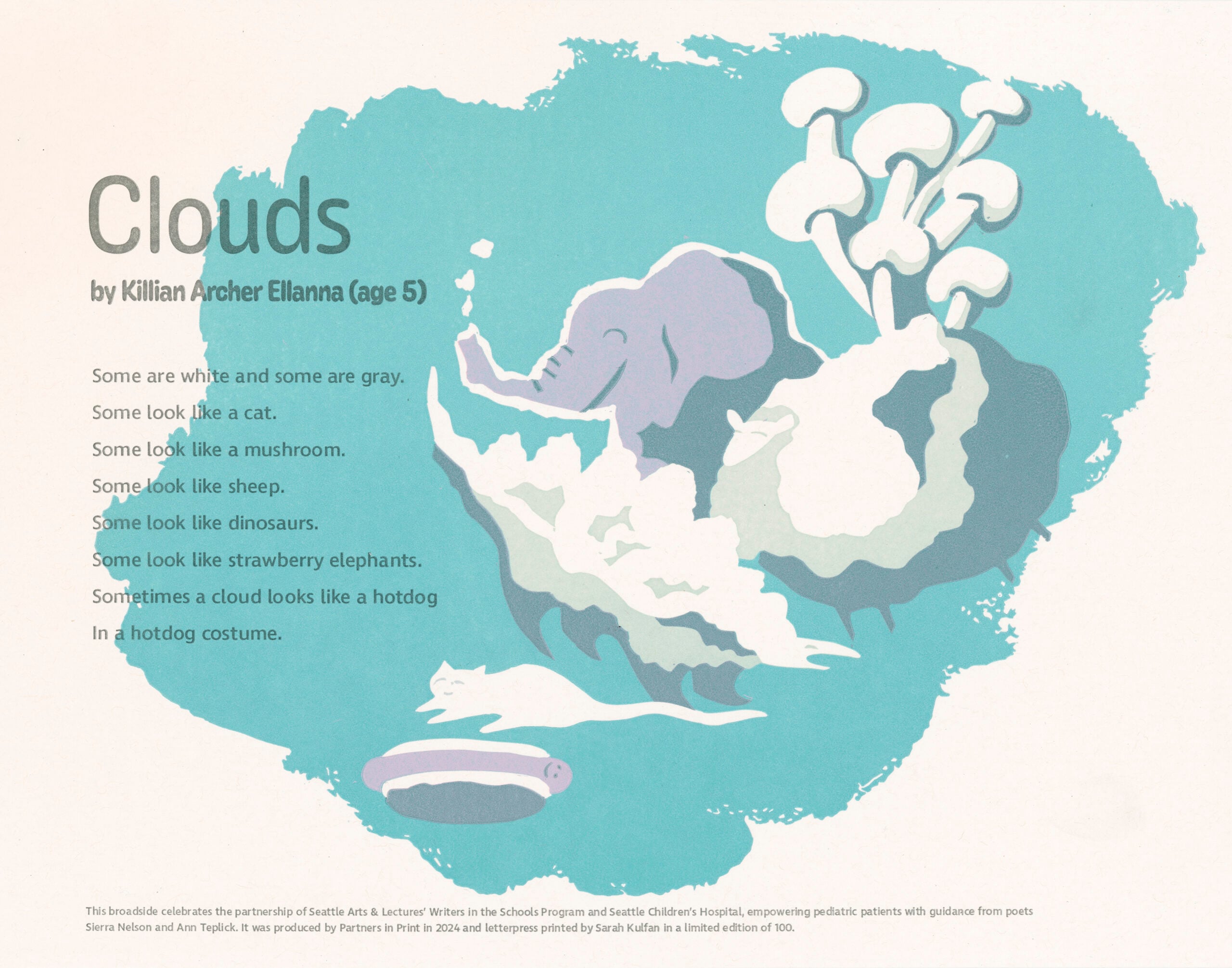 Clouds, a poetry broadside printed in 2024 depicting different characters in the shape of clouds