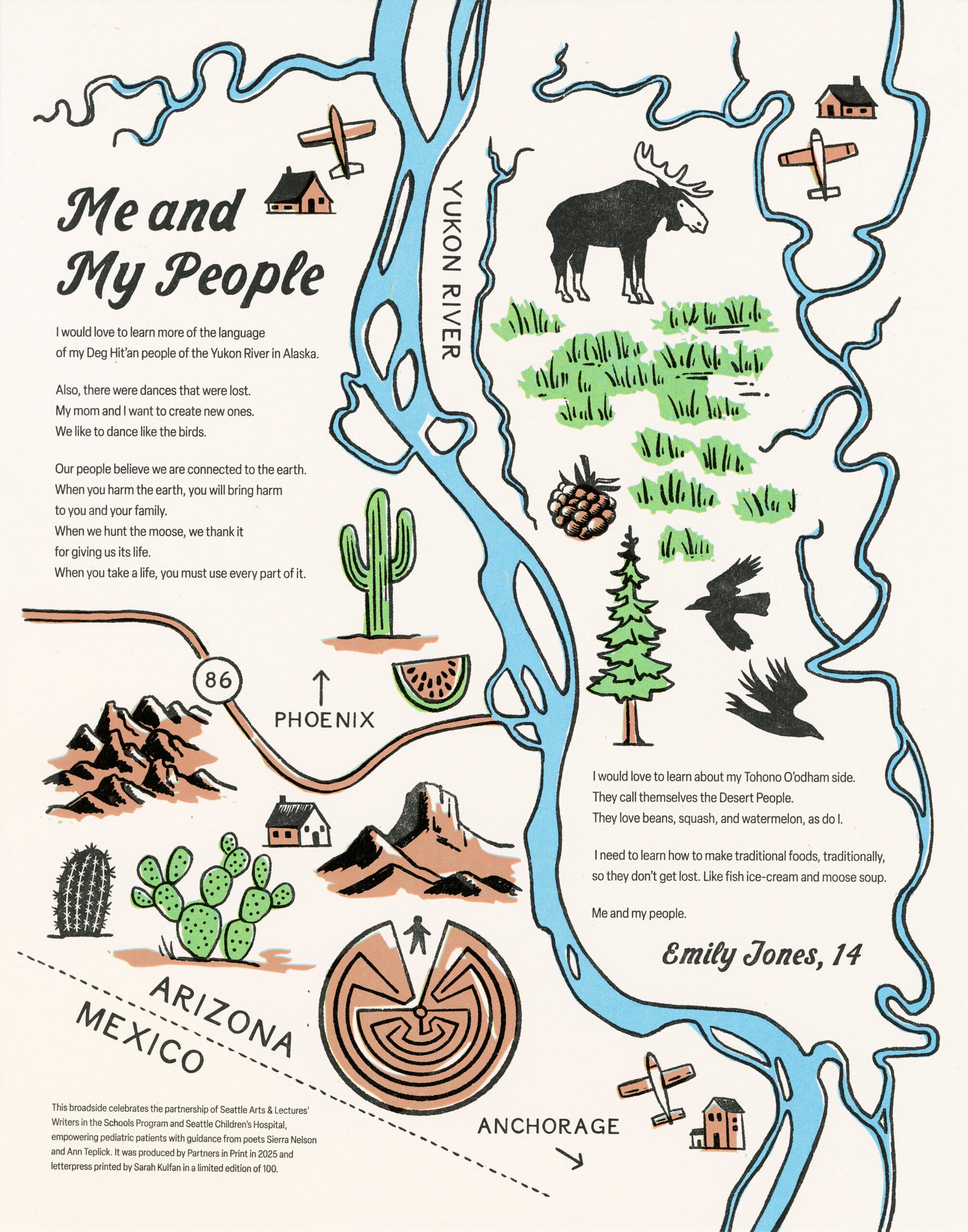 Me and My People is a poetry broadside, illustrated as a combined map of the Yukon river valley and the Sonora Desert.