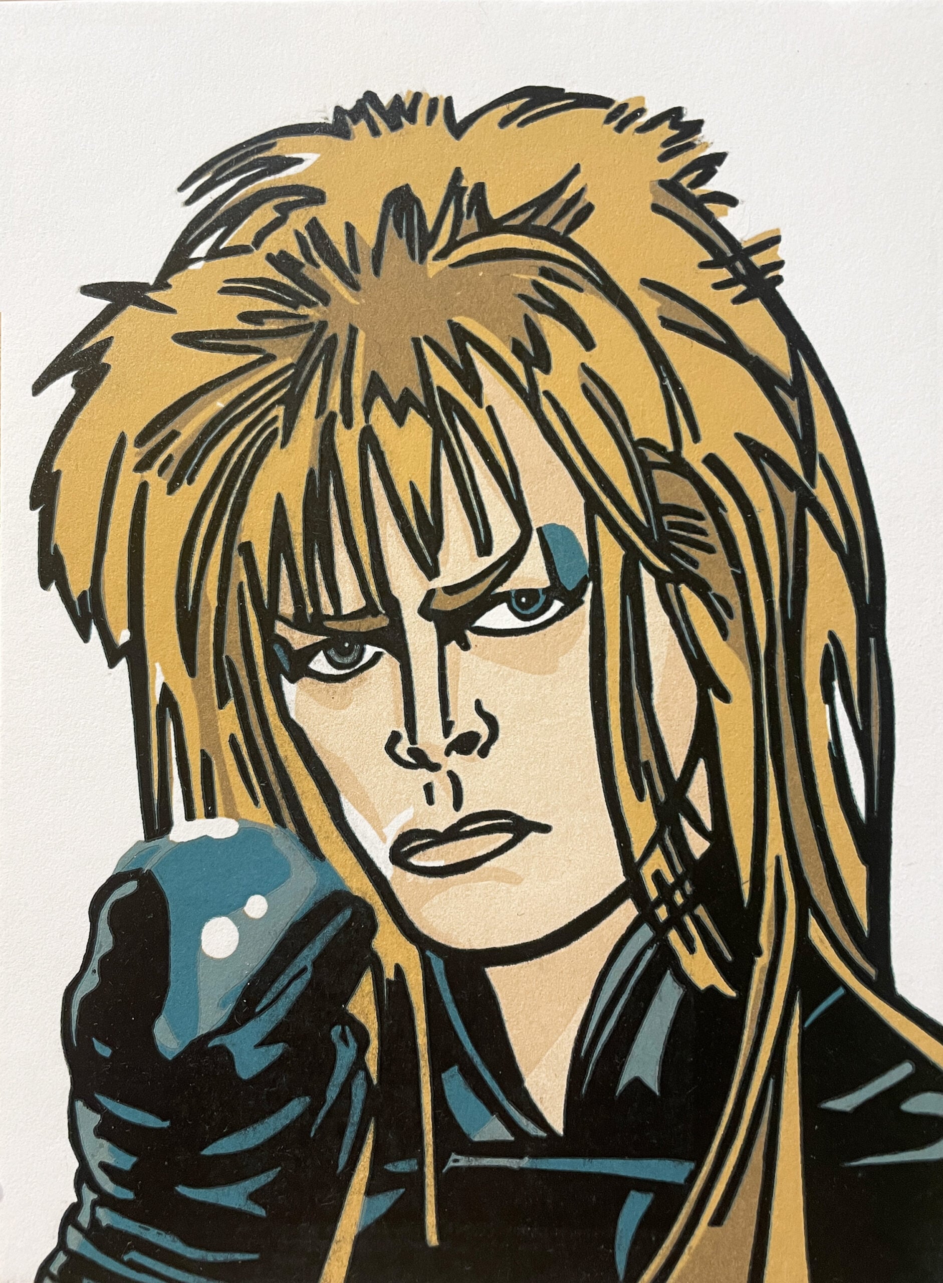 Lino print of David Bowie as Jareth from the movie Labyrinth